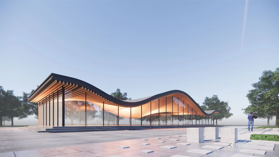Modern Building With Curved Roof Glass Curtain Walls Wooden Structure Open Plaza Trees 3d model 