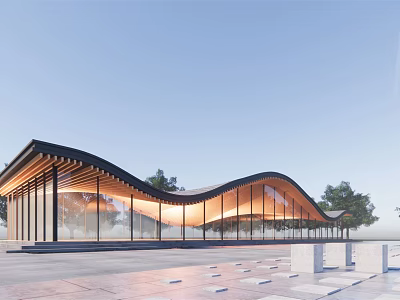 Modern Building With Curved Roof Glass Curtain Walls Wooden Structure Open Plaza Trees 3d model