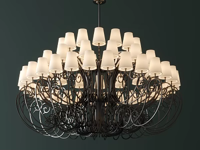 Elegant Black Frame Chandelier With Illuminated White Lampshades And Curved Design 3d model