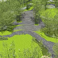 Serene Garden Landscape With Bamboo Trees Stone Steps Lawn White Doves Beach And Blue Sky