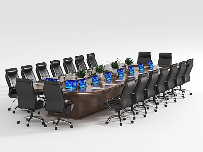 Wooden Conference Table With Black Office Chairs Blue Screens And Green Plants 3d model