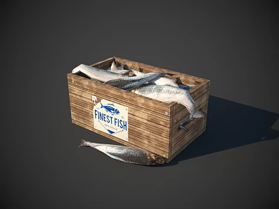 Fresh Fish in Wooden Crate with Finest Fish Label and One on Ground 3d model