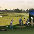 Two People Practicing Golf On Outdoor Grass Field With Lake Trees Large Screen And Equipment