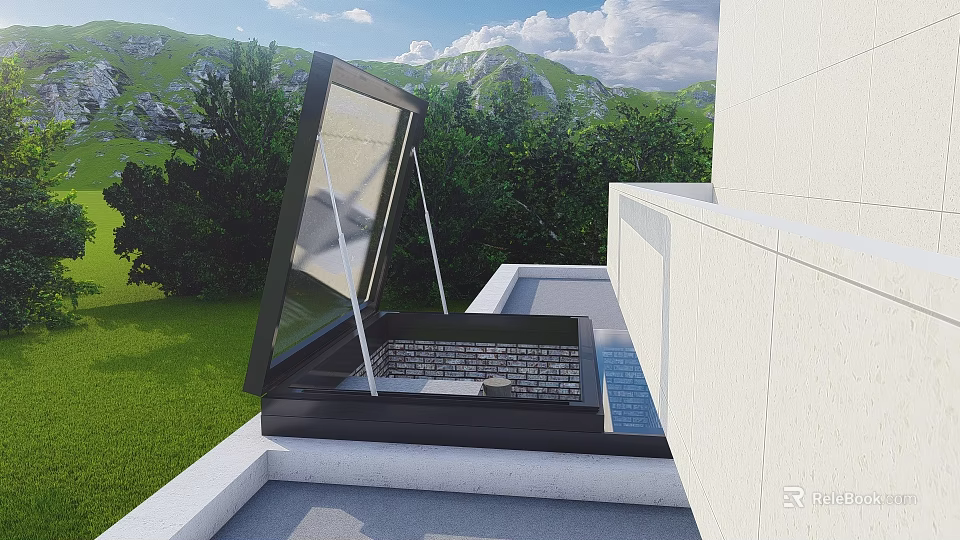 Detached Villa Open Black Frame Roof Skylight Overlooking Green Lawn Trees and Mountain Backdrop 3d model 