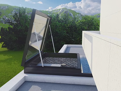Detached Villa Open Black Frame Roof Skylight Overlooking Green Lawn Trees and Mountain Backdrop 3d model