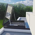 Detached Villa Open Black Frame Roof Skylight Overlooking Green Lawn Trees and Mountain Backdrop