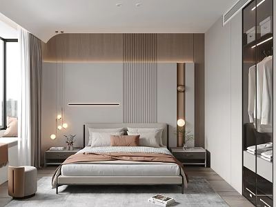Modern Bedroom Interior Design With Wooden Headboard Wall Hanging Lights And Glass Closet 3d model