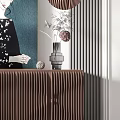 Modern Console Cabinet And Sideboard With Pleated Wooden Design Shelves Mirror Vase Sculpture And Decorative Balls