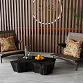 Stylish Accent Chairs With Decorative Cushions Coffee Table Fruits Wooden Slat Wall Circular Decor Greenery