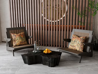 Stylish Accent Chairs With Decorative Cushions Coffee Table Fruits Wooden Slat Wall Circular Decor Greenery 3d model