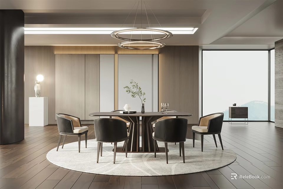 Elegant Modern Restaurant Interior Featuring Round Dining Table Black Chairs And Chandelier 3d model