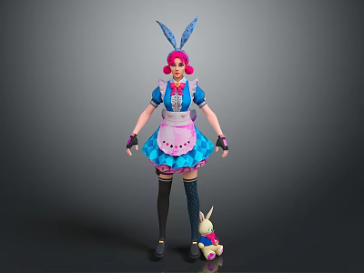 Game Character With Rabbit Ears Pink Hair Blue Apron Outfit And Small Rabbit Doll 3d model
