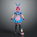 Game Character With Rabbit Ears Pink Hair Blue Apron Outfit And Small Rabbit Doll