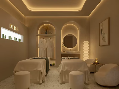 Relaxing SPA Sauna Interior Design With Massage Beds Hanging Robes Mirror And Cozy Chair 3d model