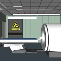 Hospital Scan Room With CT Scanner Radiation Warning Sign And Examination Table