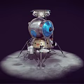 Vintage Lunar Lander Spacecraft With Blue Dome And Metal Legs On Gray Ground