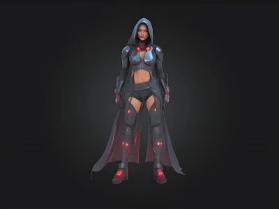 Futuristic Female Character In Tech Style Armor With Hooded Cloak And Glowing Red Accents 3d model