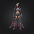 Futuristic Female Character In Tech Style Armor With Hooded Cloak And Glowing Red Accents