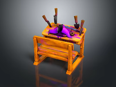 Wooden Workbench with Purple Tools and Knives on Top Surface 3d model