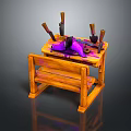 Wooden Workbench with Purple Tools and Knives on Top Surface