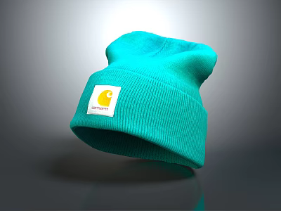 Teal Knitted Beanie With Yellow Logo Patch And Soft Comfortable Texture Design 3d model