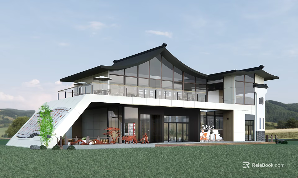 Modern Building Exterior With Black Roof Large Glass Windows Cafe Terrace And Green Lawn 3d model 