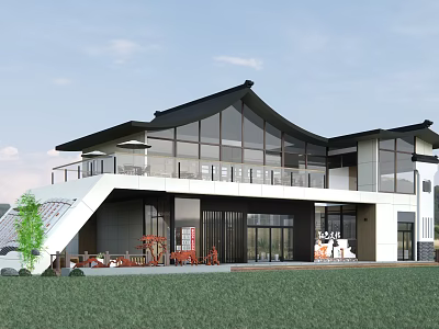Modern Building Exterior With Black Roof Large Glass Windows Cafe Terrace And Green Lawn 3d model