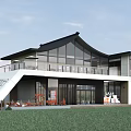 Modern Building Exterior With Black Roof Large Glass Windows Cafe Terrace And Green Lawn