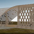 Wooden Pergola With Arch Shaped Roof Glass Panels Adjacent Modern Building Grass Area Stone Pavement