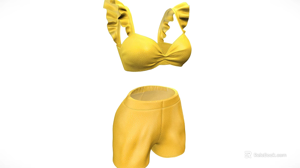 Yellow Ruffled Camisole Top And Matching Shorts Women's Casual Outfit 3d model 