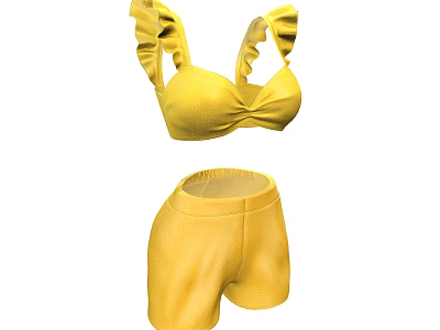 Yellow Ruffled Camisole Top And Matching Shorts Women's Casual Outfit 3d model