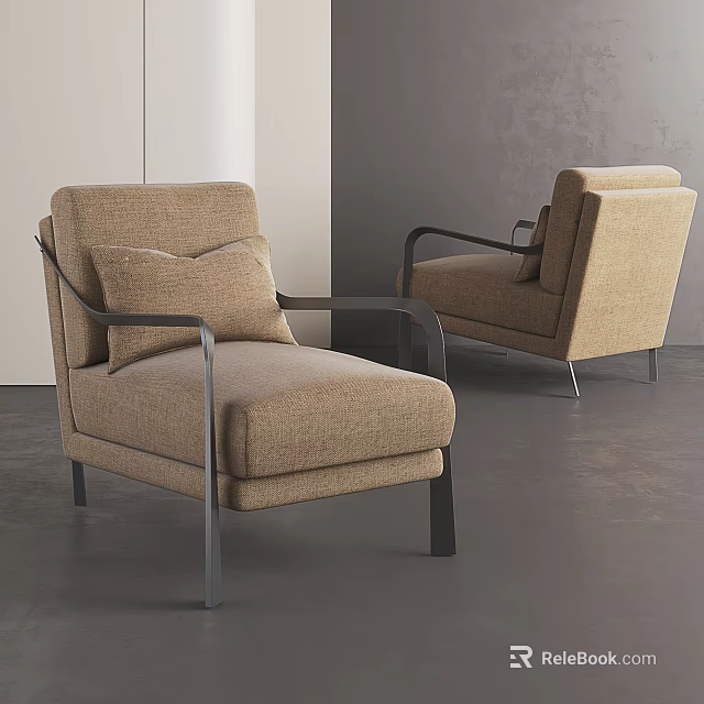 Two Beige Fabric Single Sofas With Metal Armrests In Modern Living Interior 3d model 