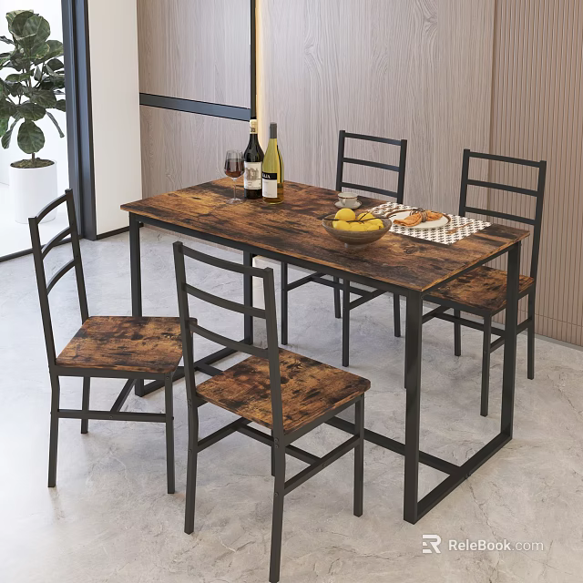 Rustic Dining Table Set With Wooden Top Metal Frame And Four Chairs 3d model 