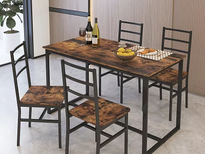 Rustic Dining Table Set With Wooden Top Metal Frame And Four Chairs 3d model