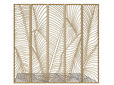 Golden Metal Room Divider With Intricate Leaf Laser Cut Design 3d model