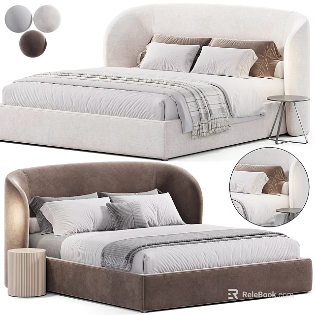 Modern Upholstered Double Bed With Light Colored Bedding Decorative Pillows And Bedside Table 3d model