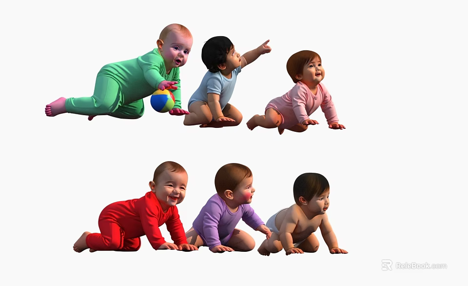 Group of Happy Babies Crawling and Playing in Colorful Outfits With Ball 3d model 