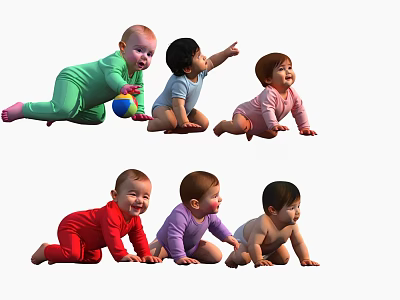 Group of Happy Babies Crawling and Playing in Colorful Outfits With Ball 3d model