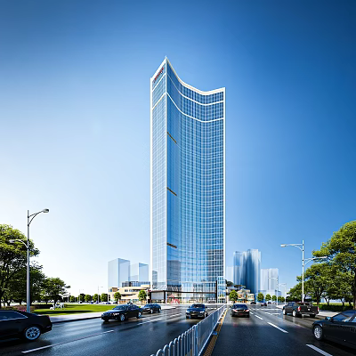 Modern High Rise Office Building With Glass Curtain Wall And Blue Sky Street Trees Vehicles 3d model