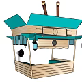 Wooden Outdoor Street Kiosk With Green Awning And Hanging Lanterns