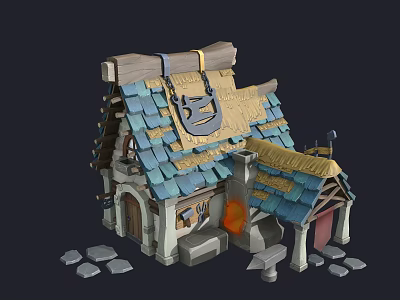 Cartoon Small House Scene With Blue Tiled Roof Straw Decorations Wooden Door And Stone Steps 3d model