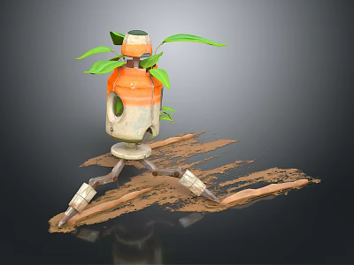 Carrot Themed Robot Character With Green Leaf Plant On Soil Surface 3d model