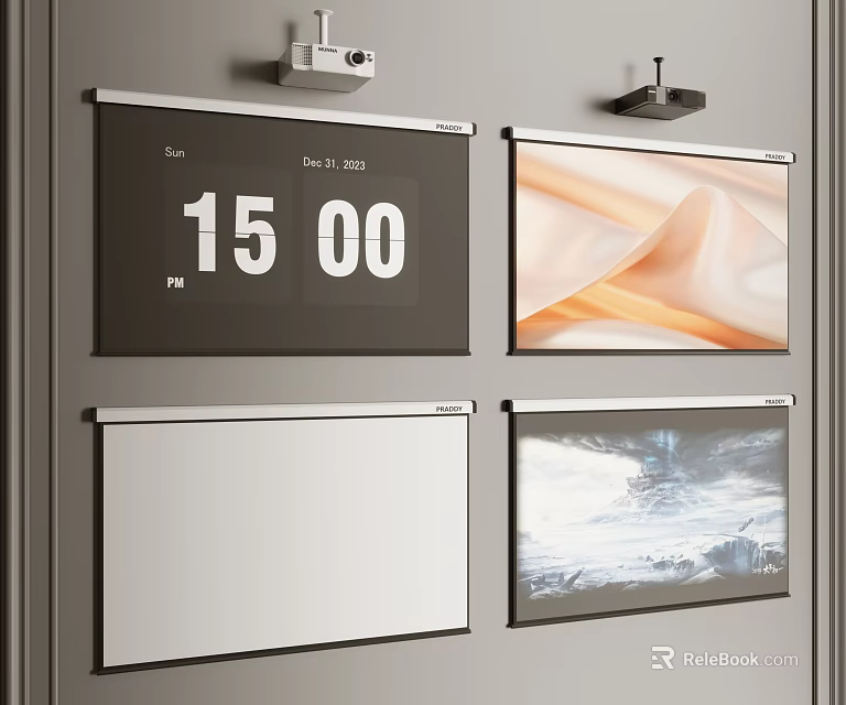 Projection Monitoring System With Multiple Screens Displaying Time Texture Nature Scenes And Blank Screen 3d model 