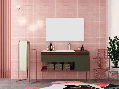 Modern Bathroom Vanity With Pink Tiled Wall White Mirror Green Cabinet And Green Plant 3d model