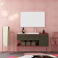 Modern Bathroom Vanity With Pink Tiled Wall White Mirror Green Cabinet And Green Plant
