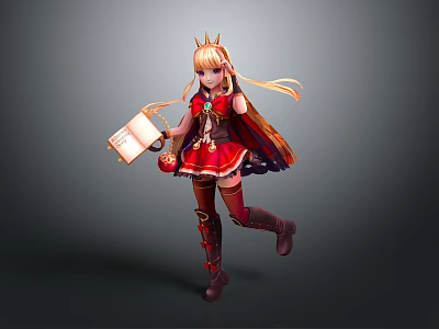 Anime Character With Golden Long Hair Red Outfit Crown Holding Book And Long Boots 3d model