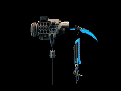 Futuristic Heavy Machine Gun And Blue Bladed Melee Weapon With Mechanical Structure And Ammunition Cylinders 3d model