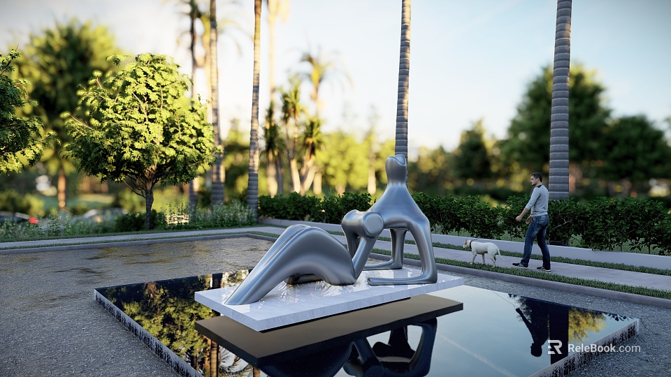 Abstract Human Form Sculpture on Water Pond with Palm Trees Greenery and Reflection 3d model 