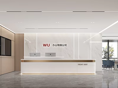 Modern Office Front Desk Reception With White Counter Marble Backdrop And Company Logo Computers 3d model
