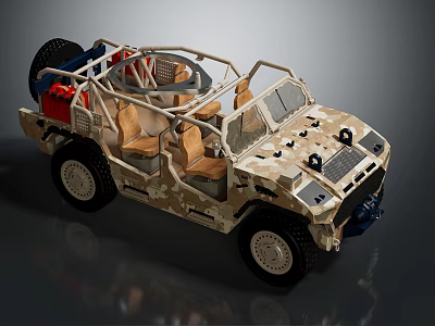 Military Vehicle Camouflage Patterned Open Top Design With Brown Seats Large Tires And Equipment 3d model